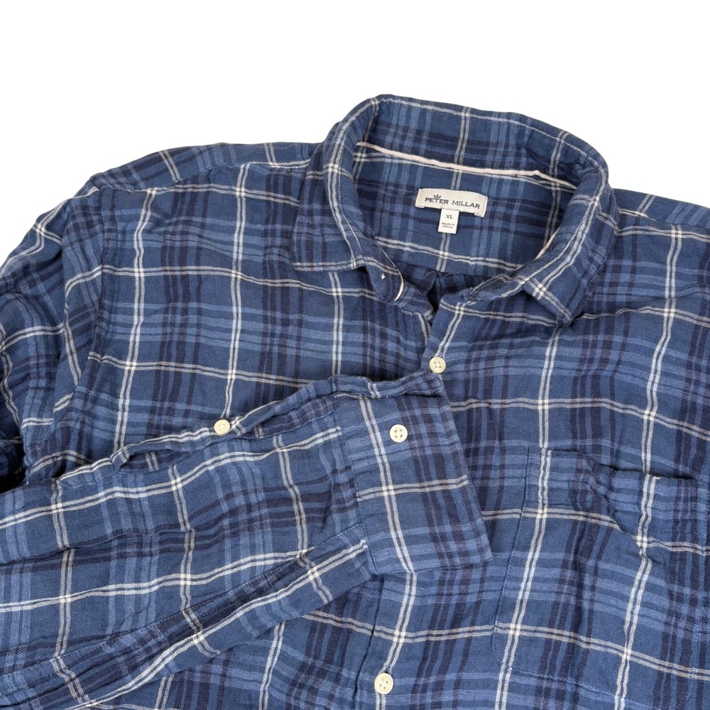 Peter Millar Mens XL Blue Plaid Button Down Long Sleeve 100% Cotton Shirt